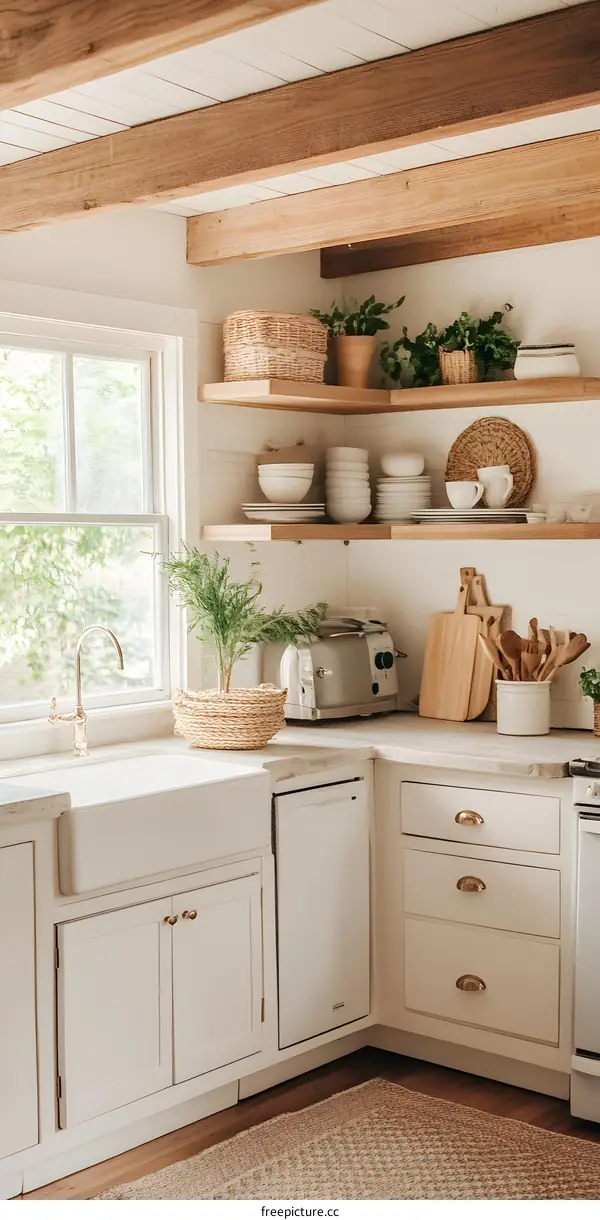 Kitchen Interior Design with White Cabinets and Wooden Beams