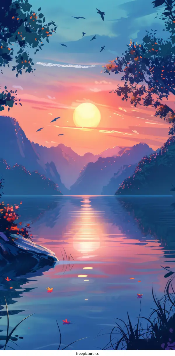 Tranquil sunset over a mountain lake