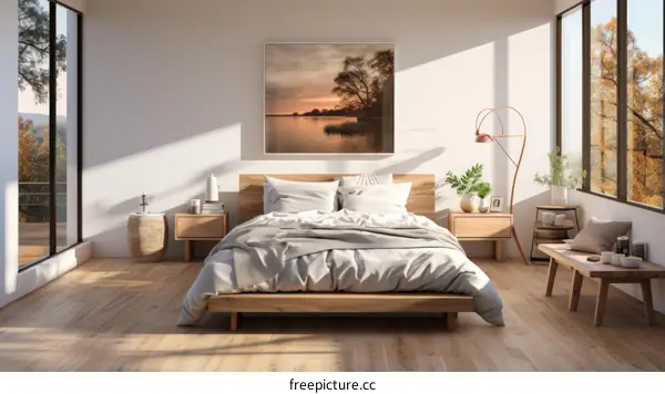Modern bedroom interior with a beautiful landscape painting above the bed
