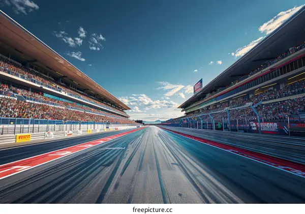 A wide shot of a Formula 1 race track with empty grandstands