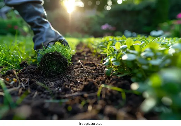 gardening and planting grass rolls in the backyard