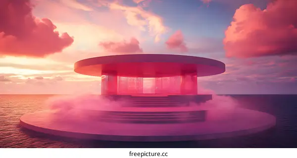 Pink Glass Structure In The Sea At Sunset