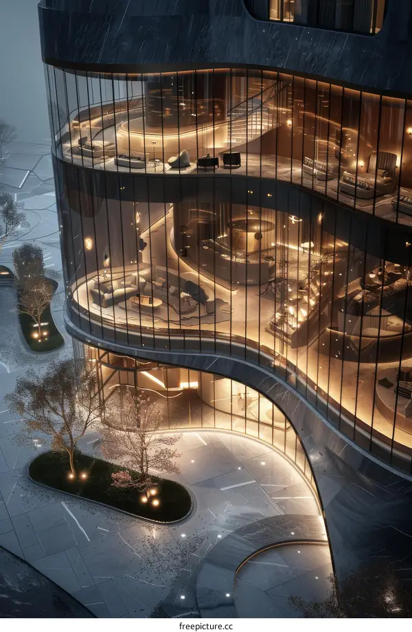 Modern Luxury Hotel Exterior with Glass Curtain Wall at Night