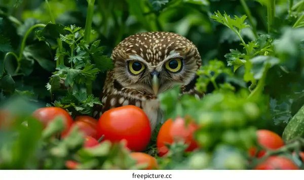 Little Owl Athene Noctua In A Vegetable Garden With Tomatoes