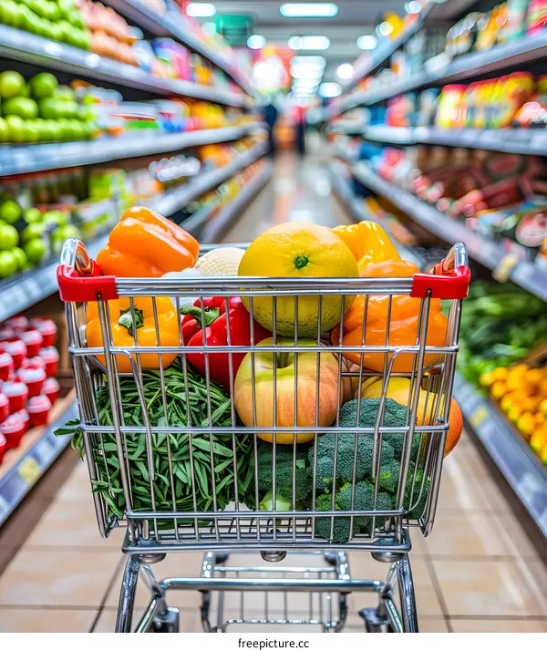 Full Shopping Cart with Fresh Produce in Supermarket Aisle