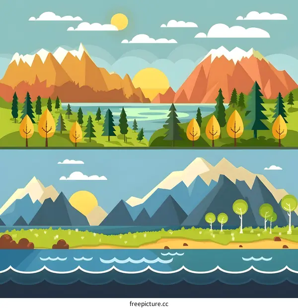 Mountain Landscape Illustration With Lake And Forest