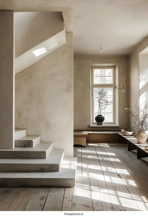 Minimalist Interior Design With Stone Staircase And Wooden Floor