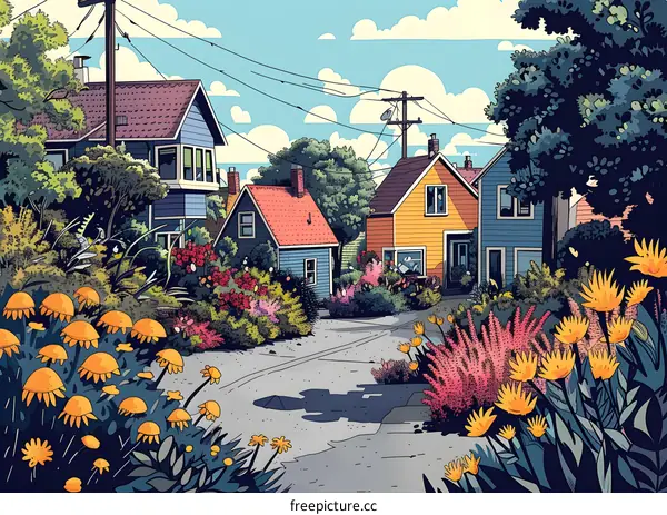 Colorful street scene with houses and flowers