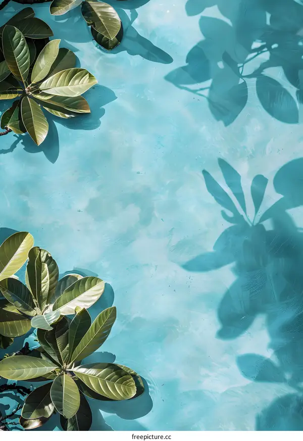Green Leaves and Shadows on a Blue Background