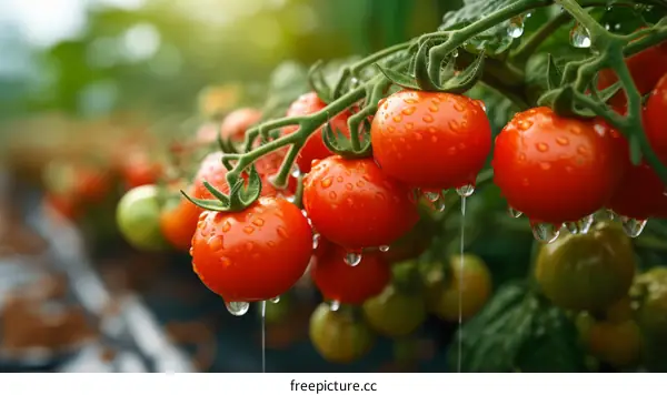 Close-up of ripe tomatoes on the vine with water drops
