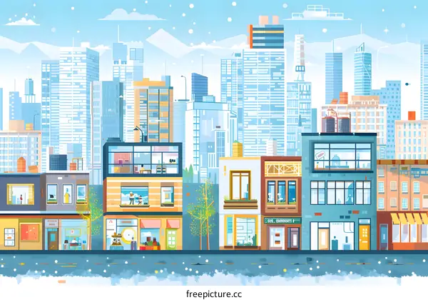 Winter Cityscape with Shops and Snowy Street