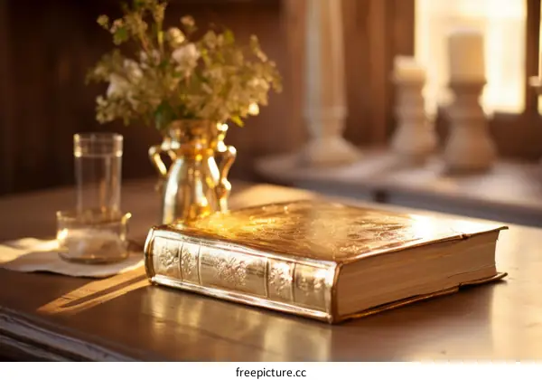 Ornate golden book on a wooden table