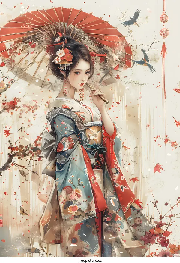 A beautiful Japanese woman in a kimono holding a red umbrella.