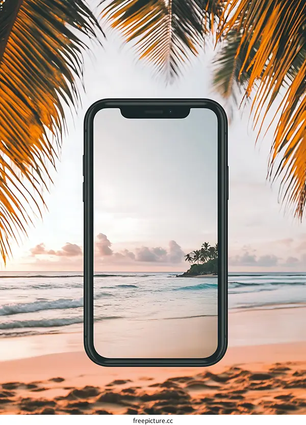 Tropical Beach Sunset View On Smartphone Screen