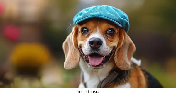 A beagle dog wearing a blue hat