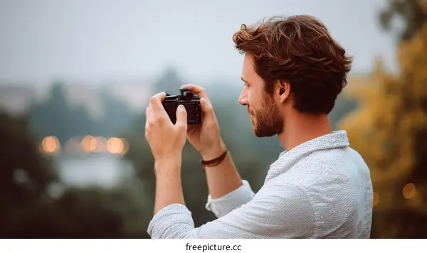 Man Taking Photo of Cityscape at Dusk