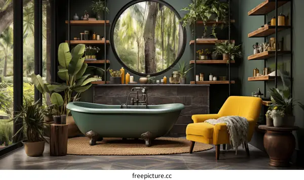 Bathroom with a large round window and a yellow armchair