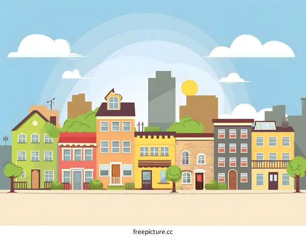 Colorful Cityscape Illustration with Houses, Trees and Sky