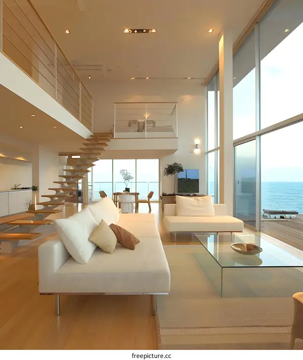 Modern Interior Design with White Sofa and Glass Coffee Table