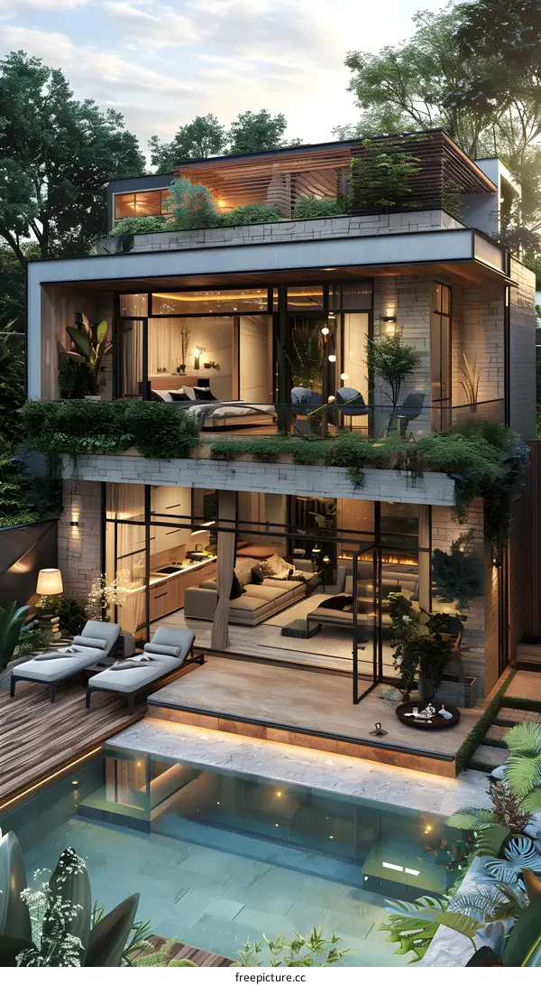 Modern luxury house with pool and garden