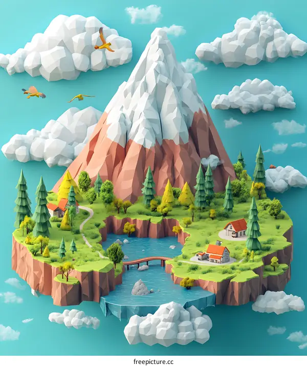 Low Poly Mountain Landscape With Houses And Flying Birds