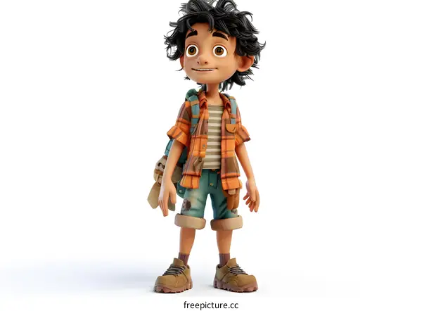 A young boy with curly black hair and brown eyes is wearing an orange and white plaid shirt and blue shorts. He is carrying a backpack and has a determined look on his face.