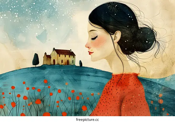 girl with black hair and red dress looking at a house on the hill