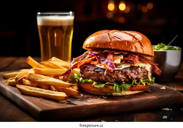 A delicious burger with fries and a glass of beer