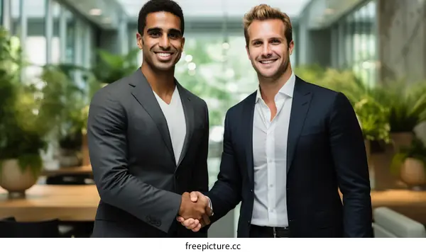 Two businessmen in suits shaking hands in an office