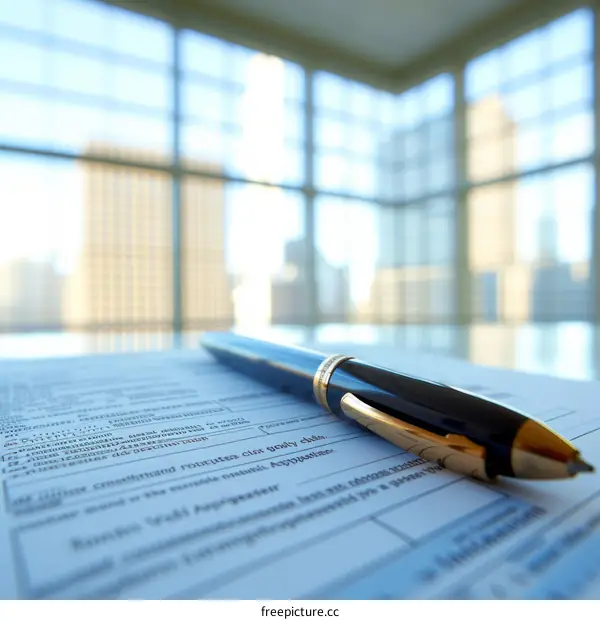 A pen resting on a desk in an office.