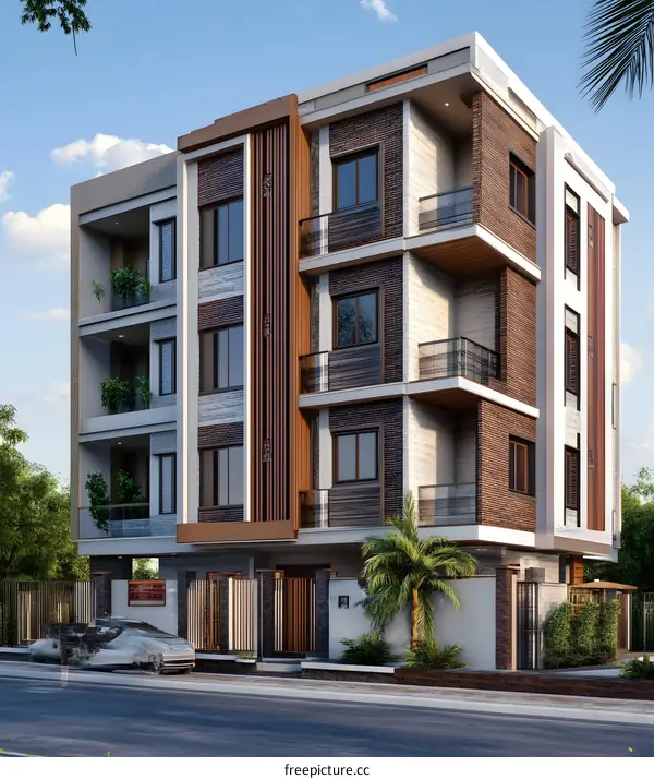 Modern Brick Building with Balconies and Palm Trees