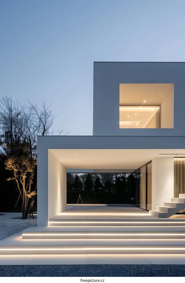 Modern Minimalist House Exterior with Illuminated Steps