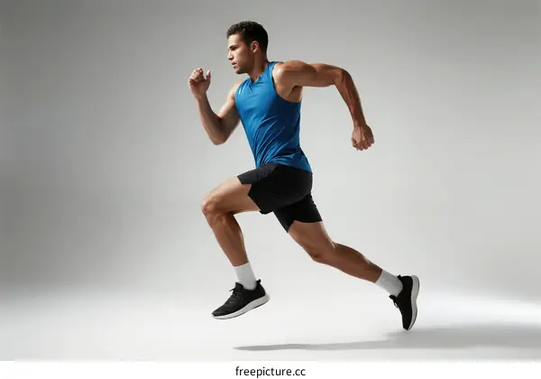 Young man in athletic wear running with determination
