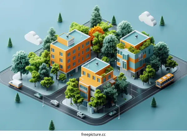 A Small City Block With Trees And Buildings
