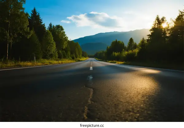 Scenic road through lush green forests and mountains at sunset
