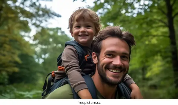 Happy young father carrying his smiling son on his shoulders in a child carrier backpack while hiking in the woods