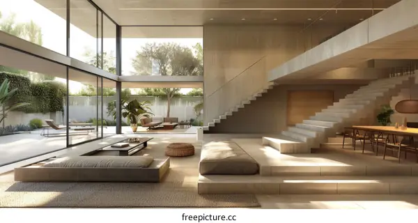 Modern Minimalist House Interior with Open Floor Plan
