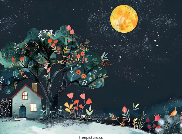 Night Sky Illustration with a Small House and a Big Moon