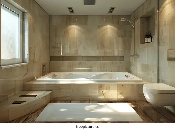 Modern Beige Bathroom with Jacuzzi Tub