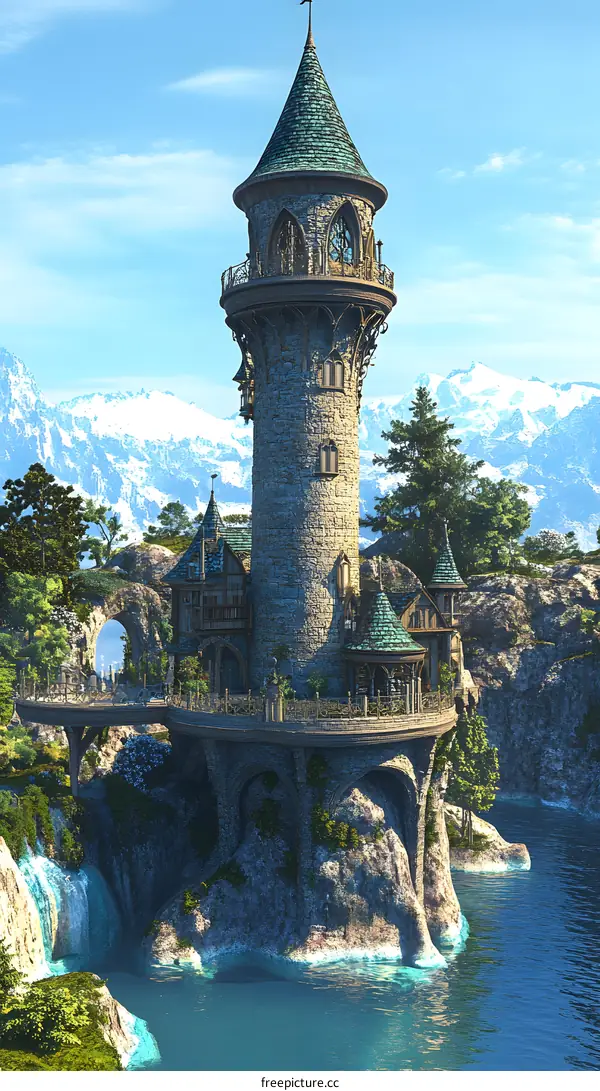 Stone Tower Castle with Waterfall in Fantasy Landscape