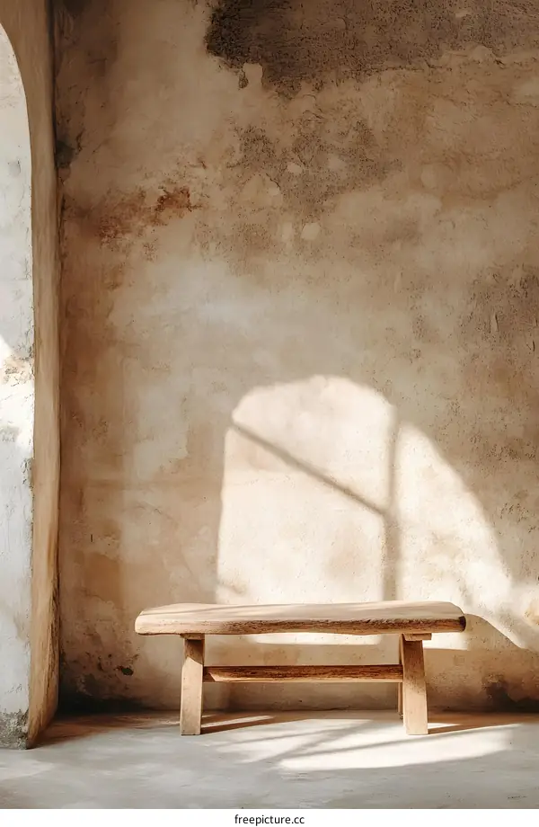 Rustic Wooden Bench Against a Weathered Wall with Sunlight