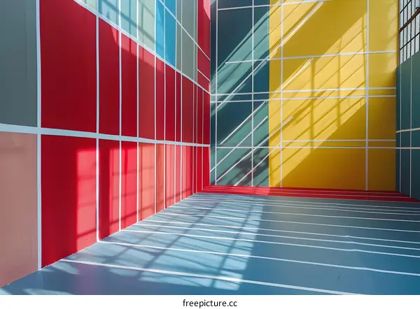 Abstract Geometric Shapes of Walls in Empty Room with Blue and Red Floor