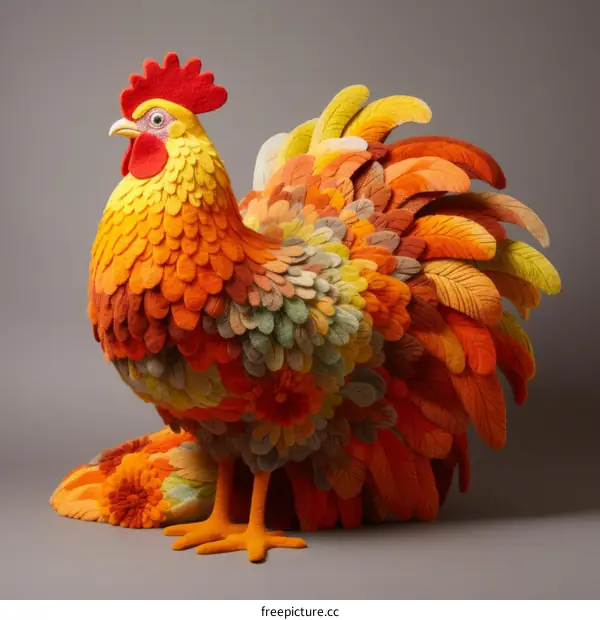 A sculpture of a rooster made of colorful felt