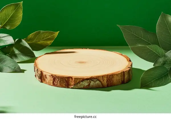 Wooden Slice Display Background with Green Leaves