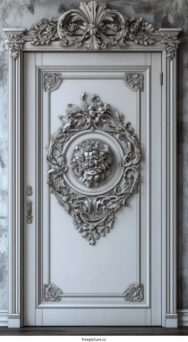 Ornate White Door with Intricate Carving Design