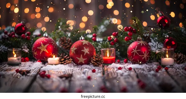 Christmas decoration with red balls and candles