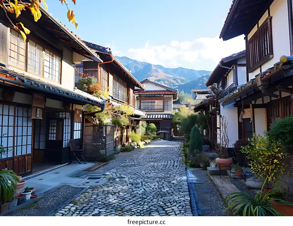 Cobblestone Street in Traditional Japanese Village with Mountain View