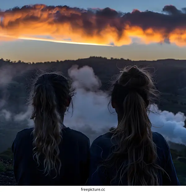 Two Girls Silhouetted Against a Dramatic Sunset Sky