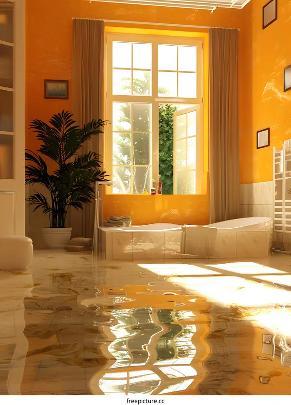 Flooded Bathroom Interior Design With Sun Light Coming Through Window