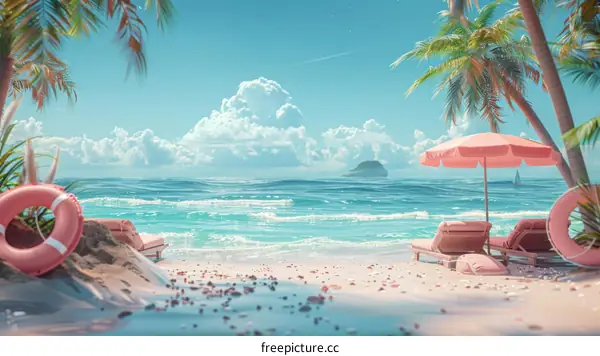 Beach scene with pink umbrella and two chairs